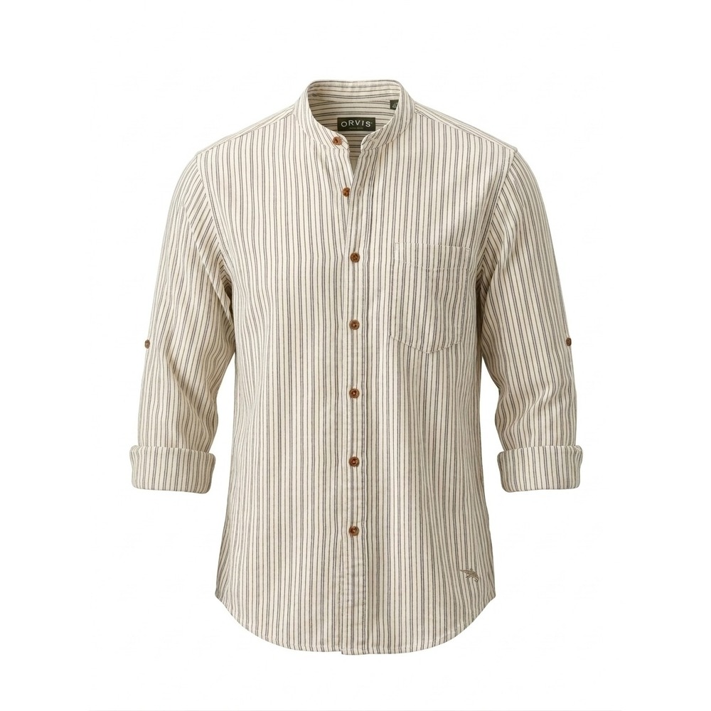 Orvis Mens Band Collar Striped 100% Cotton Shirt Grandad Collar Cream Blue Med